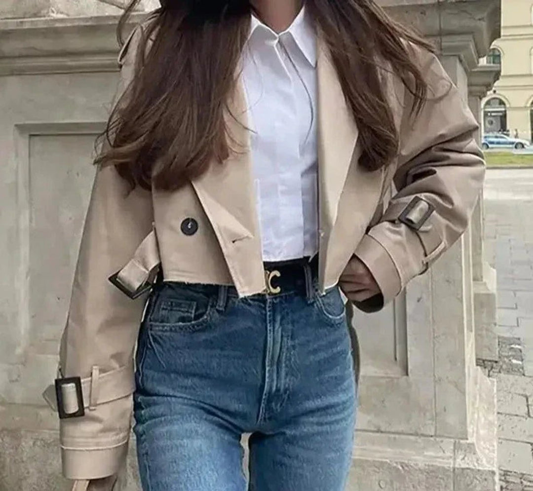 Women's Cropped Lapel-Collar Belted Trench Coat