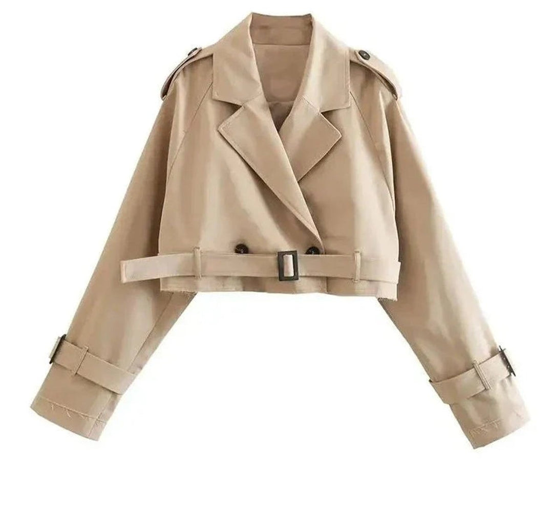 Women's Cropped Lapel-Collar Belted Trench Coat