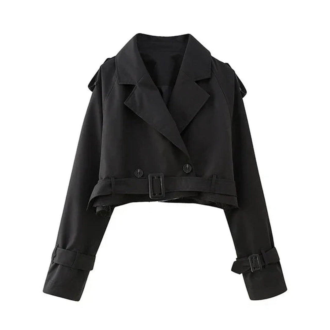 Women's Cropped Lapel-Collar Belted Trench Coat