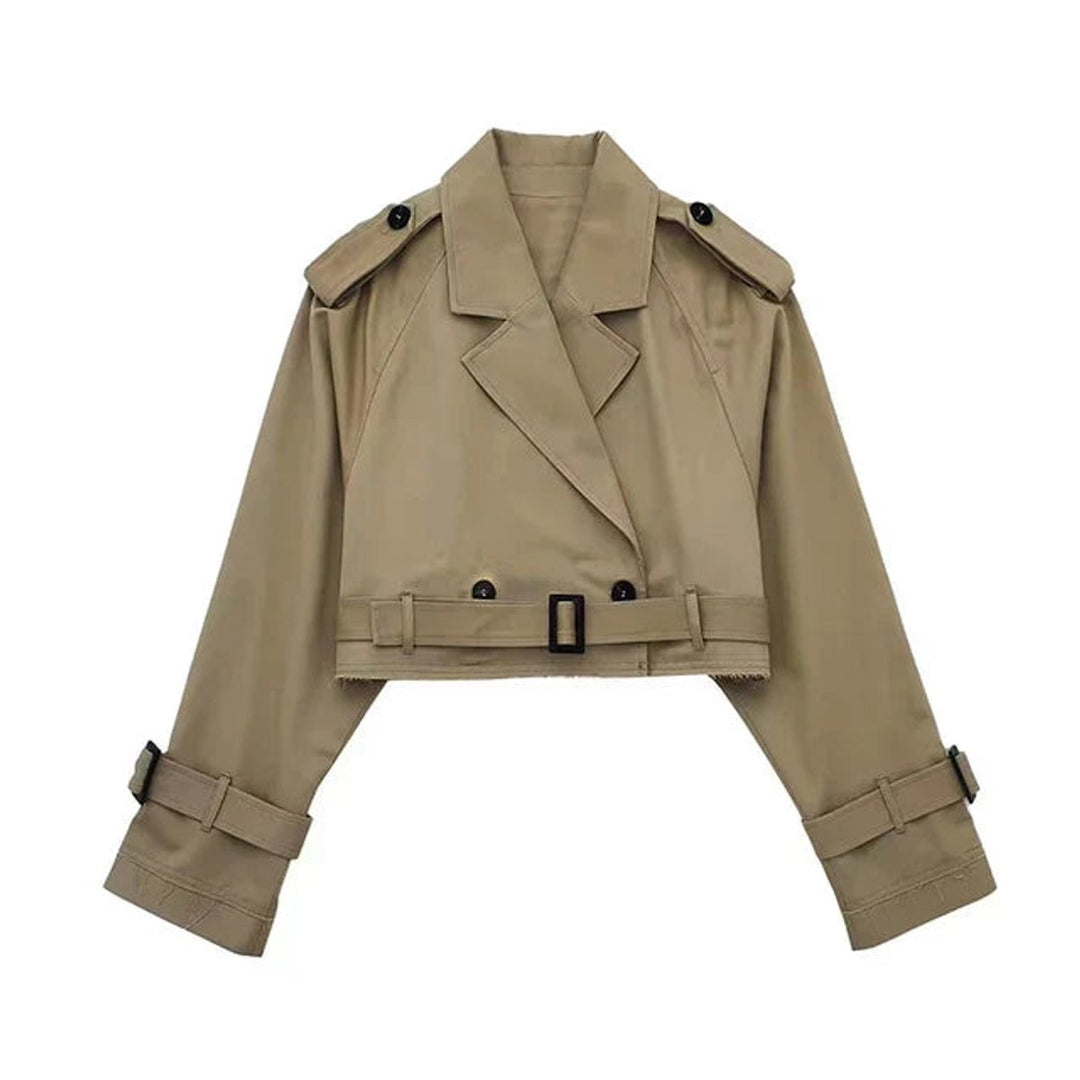 Women's Cropped Lapel-Collar Belted Trench Coat