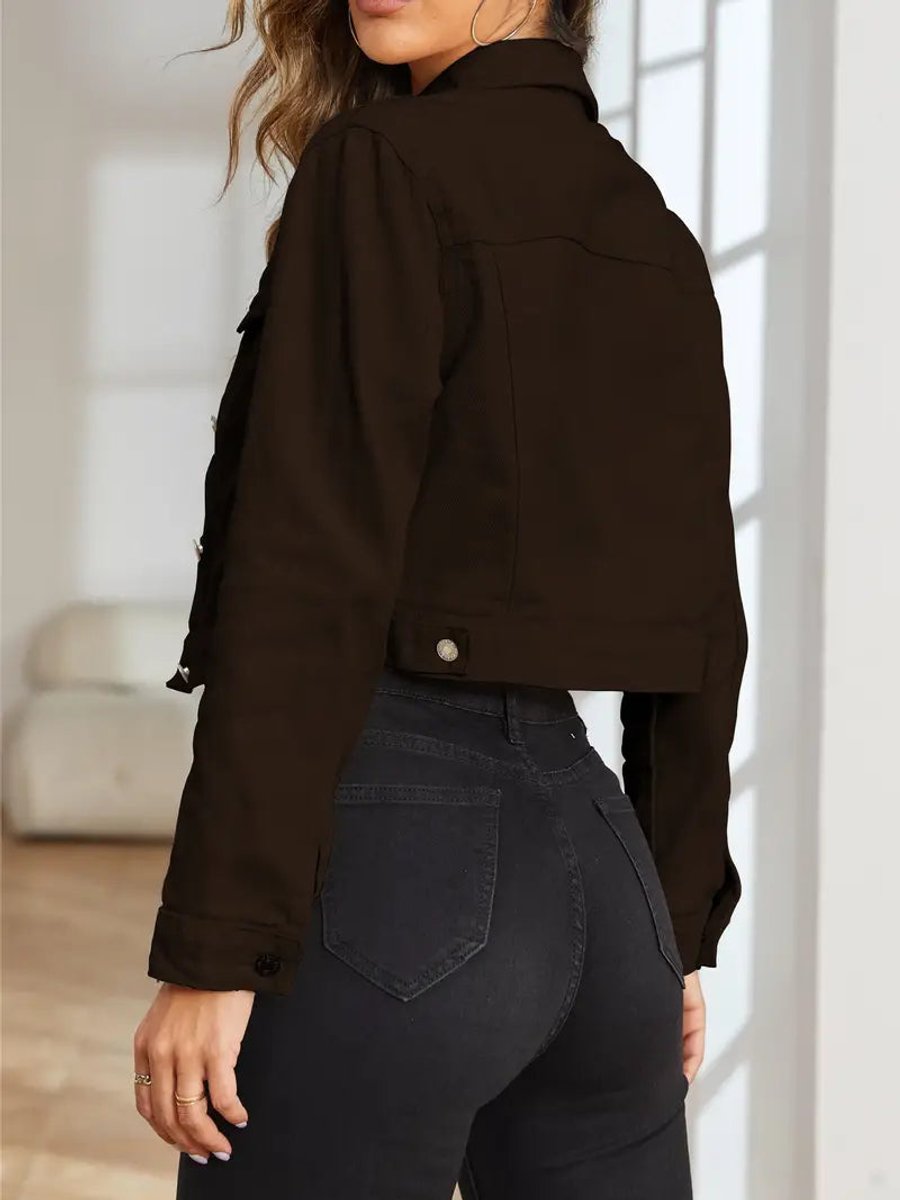 Women's Cropped Long-Sleeve Button-Up Denim Jacket