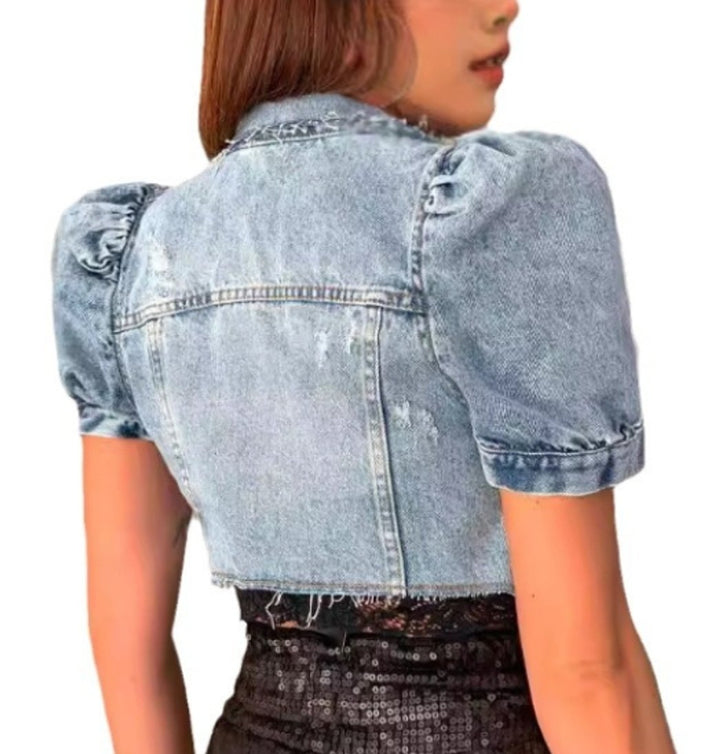 Women's Cropped Puff-Sleeve Light Wash Denim Jacket