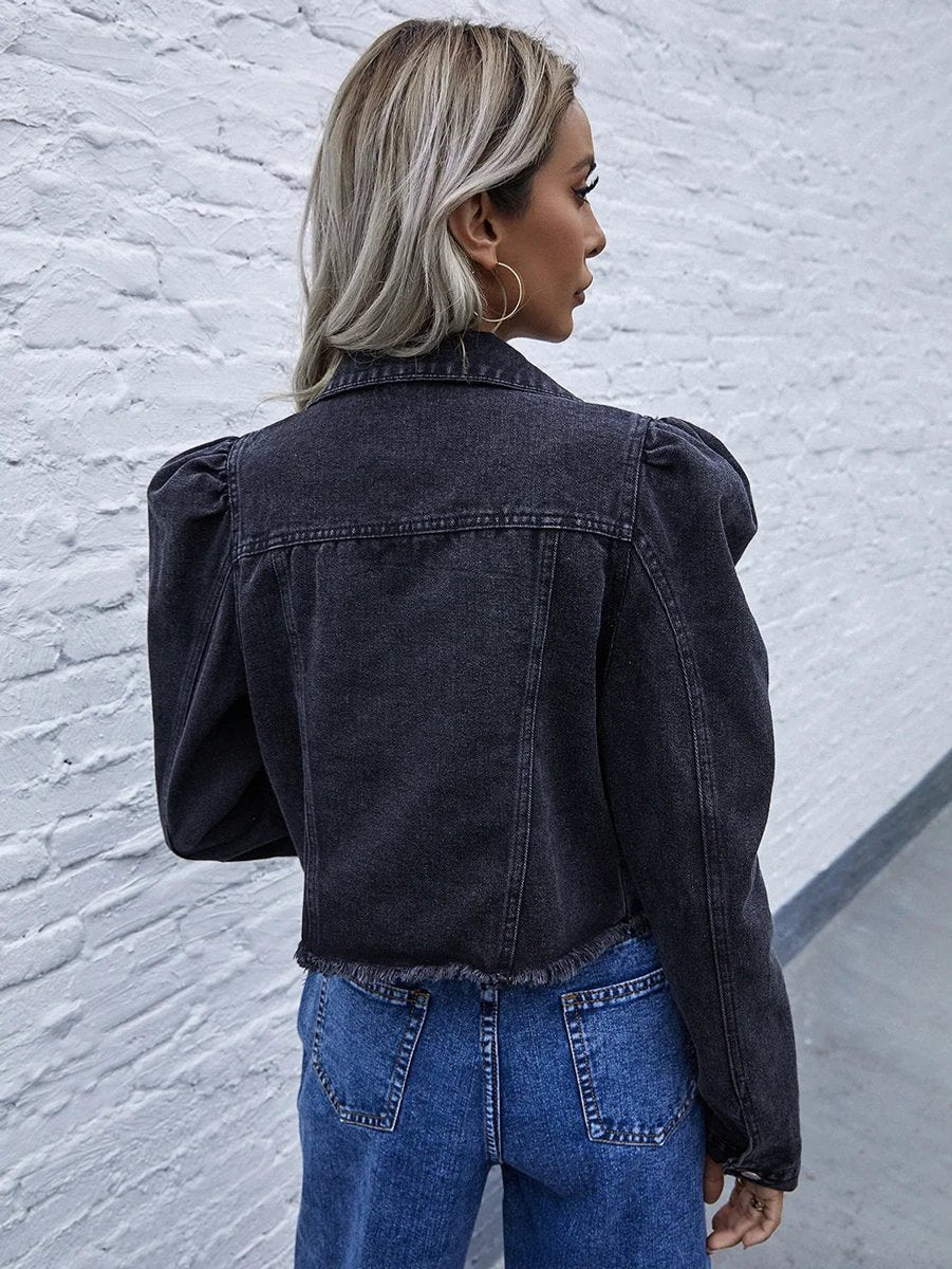 Women's Cropped Puff-Sleeve Raw-Hem Denim Jacket