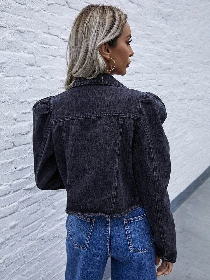 Women's Cropped Puff-Sleeve Raw-Hem Denim Jacket