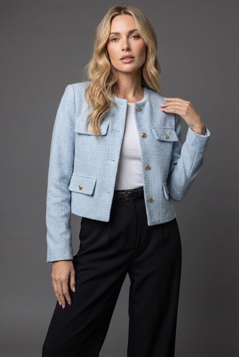 Women's Cropped Tweed Collarless Blazer Gold-Button Four-Pocket Jacket