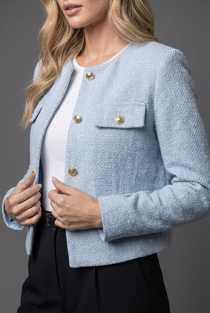 Women's Cropped Tweed Collarless Blazer Gold-Button Four-Pocket Jacket