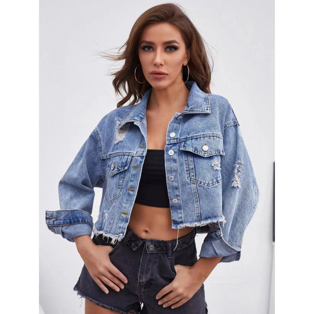 Women's Cropped Vintage Distressed Denim Jacket Frayed Hem