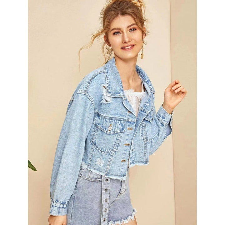 Women's Cropped Vintage Distressed Denim Jacket Frayed Hem