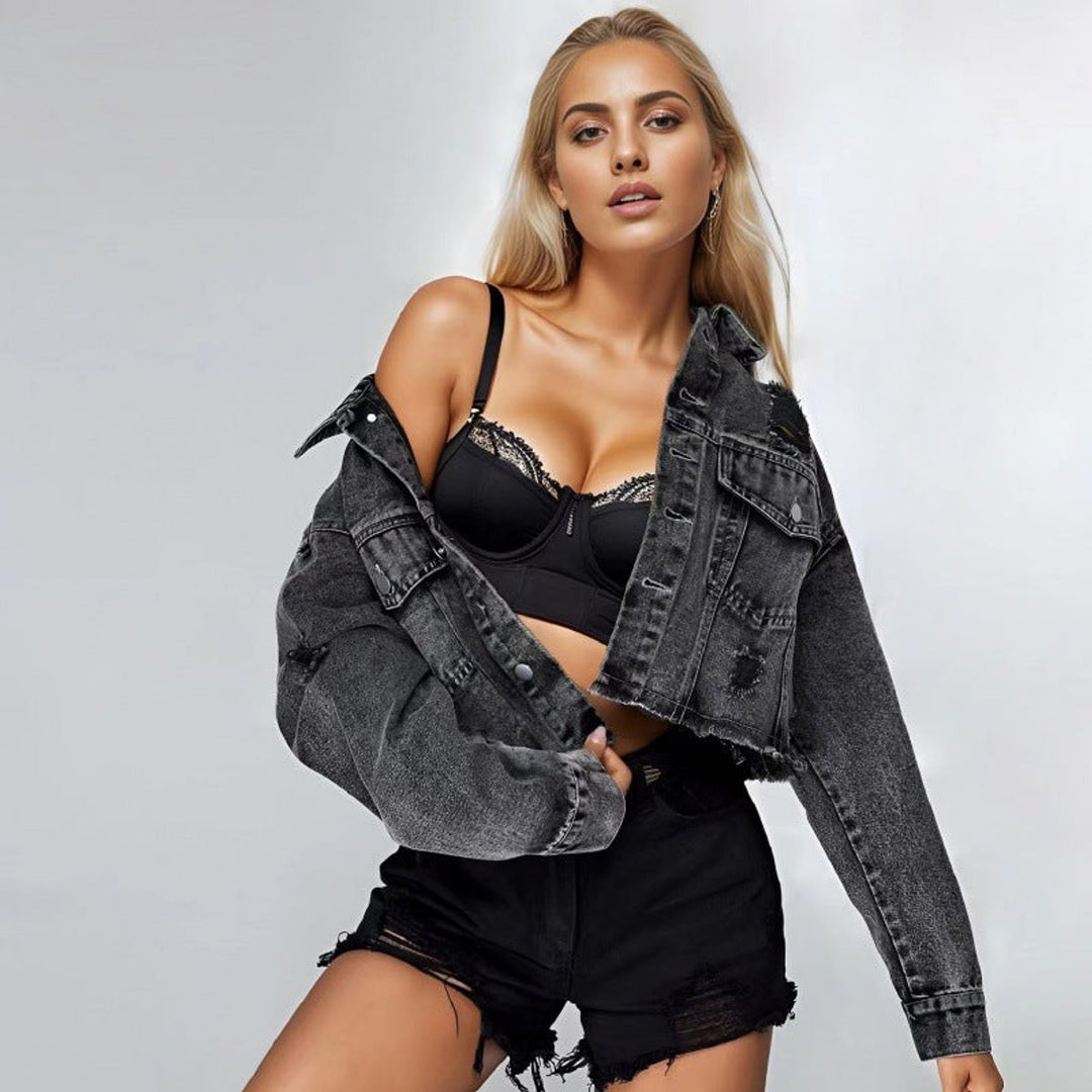 Women's Cropped Vintage Distressed Denim Jacket Frayed Hem