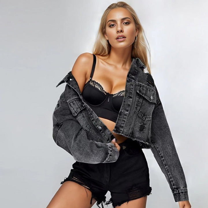 Women's Cropped Vintage Distressed Denim Jacket Frayed Hem