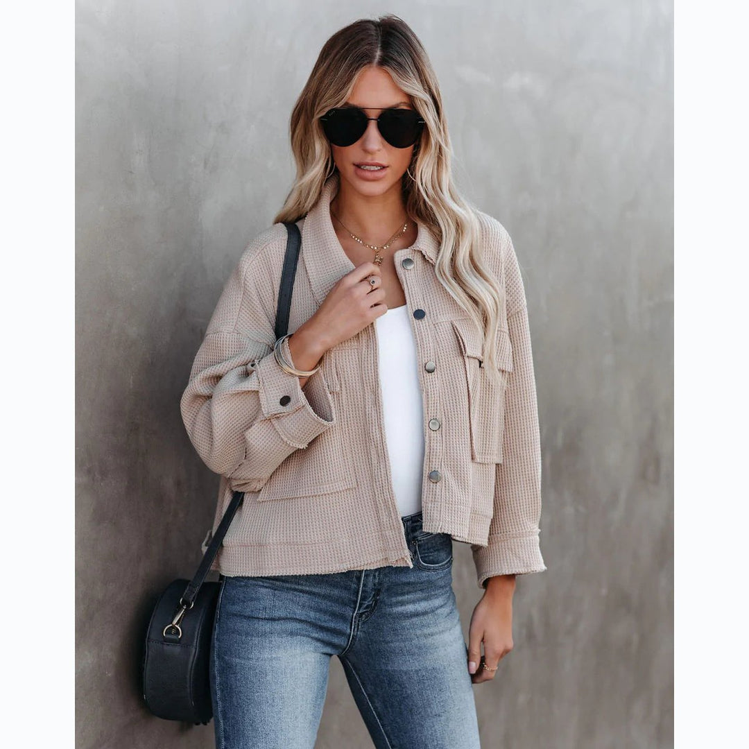 Women's Cropped Waffle-Knit Button-Up Denim Jacket Snap Pockets
