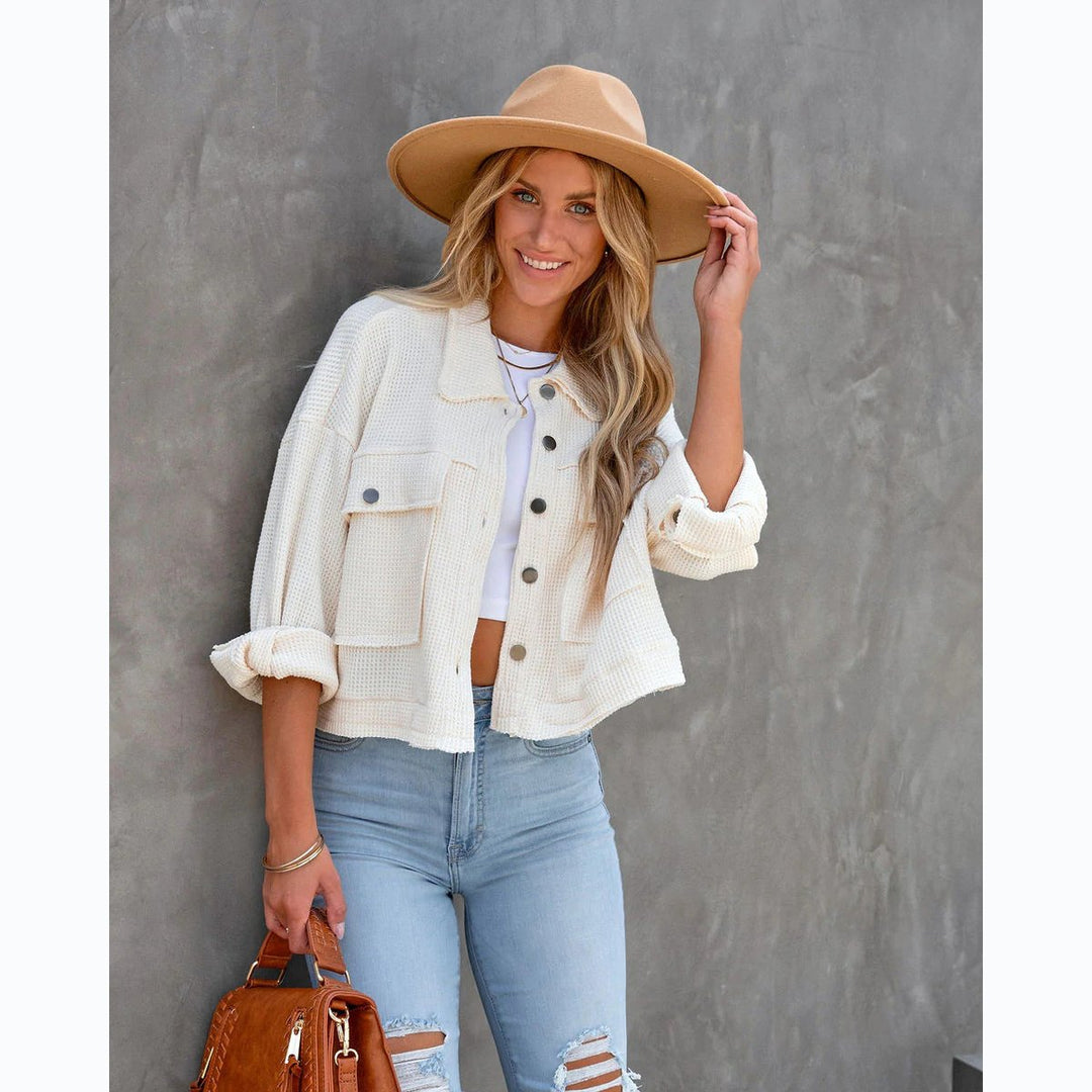 Women's Cropped Waffle-Knit Button-Up Denim Jacket Snap Pockets