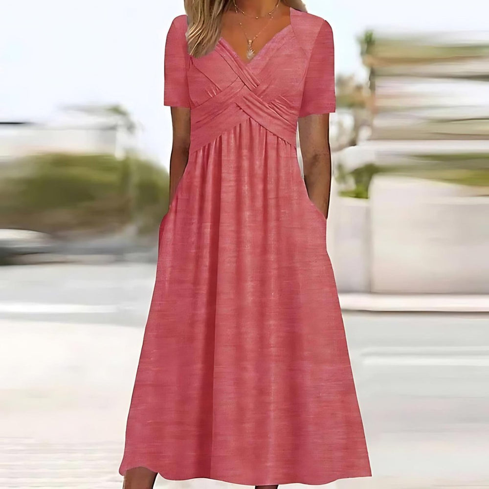Women's Cross V-Neck Empire-Waist Pocketed Fall Midi Dress