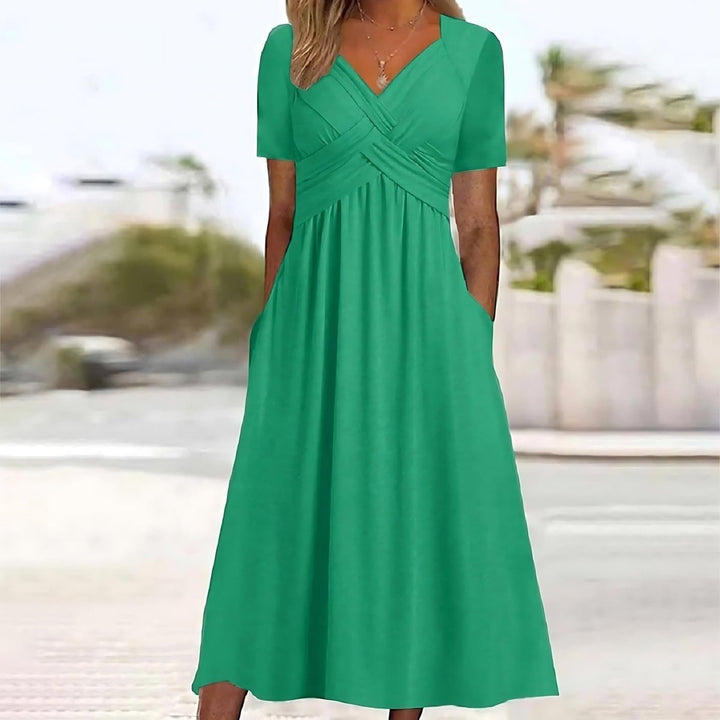 Women's Cross V-Neck Empire-Waist Pocketed Fall Midi Dress