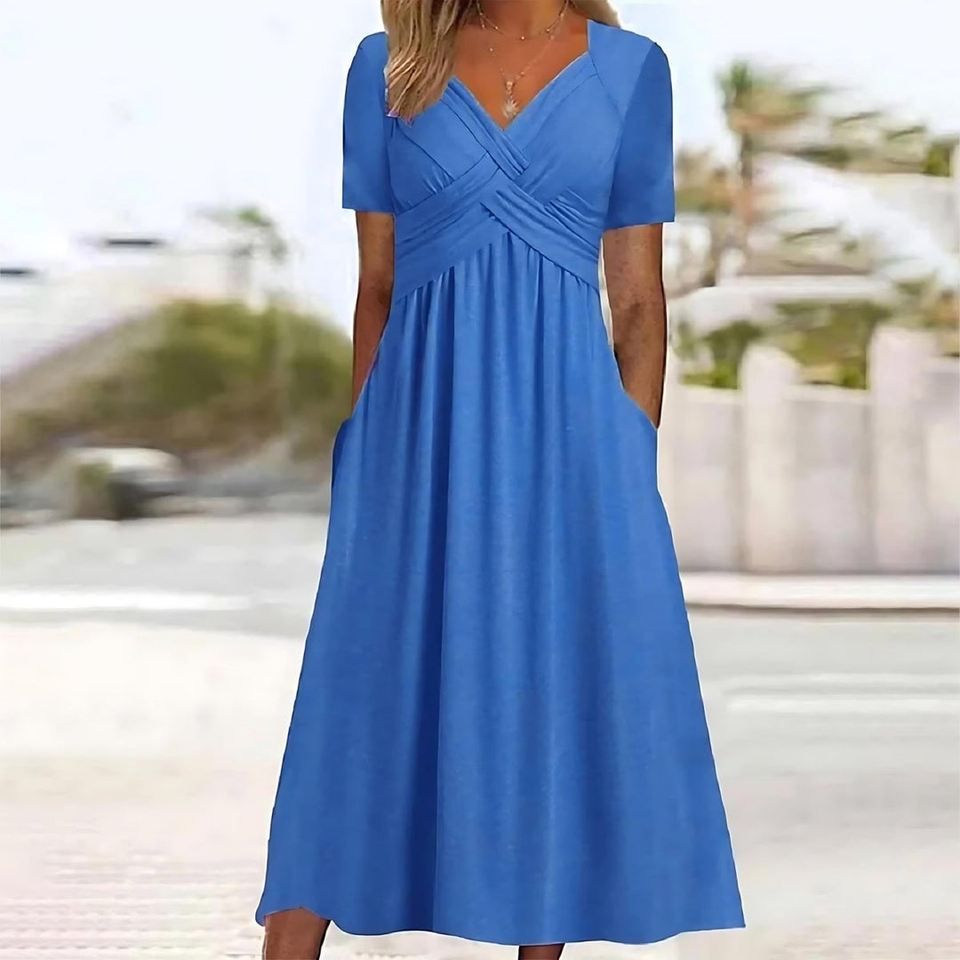 Women's Cross V-Neck Empire-Waist Pocketed Fall Midi Dress