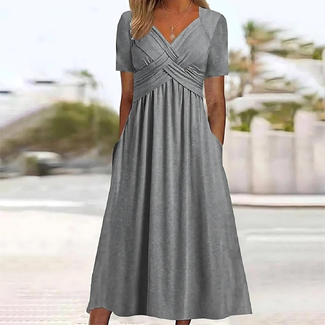 Women's Cross V-Neck Empire-Waist Pocketed Fall Midi Dress