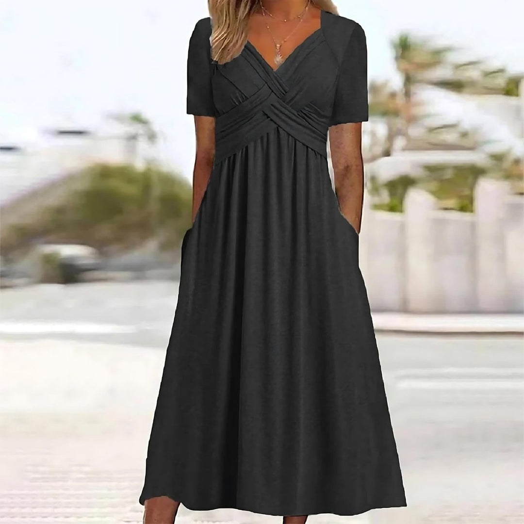 Women's Cross V-Neck Empire-Waist Pocketed Fall Midi Dress