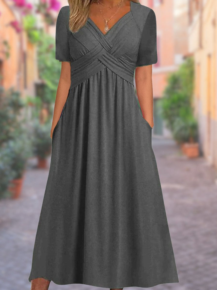 Women's Crossover V-Neck Empire-Waist Fall Midi Dress Pockets