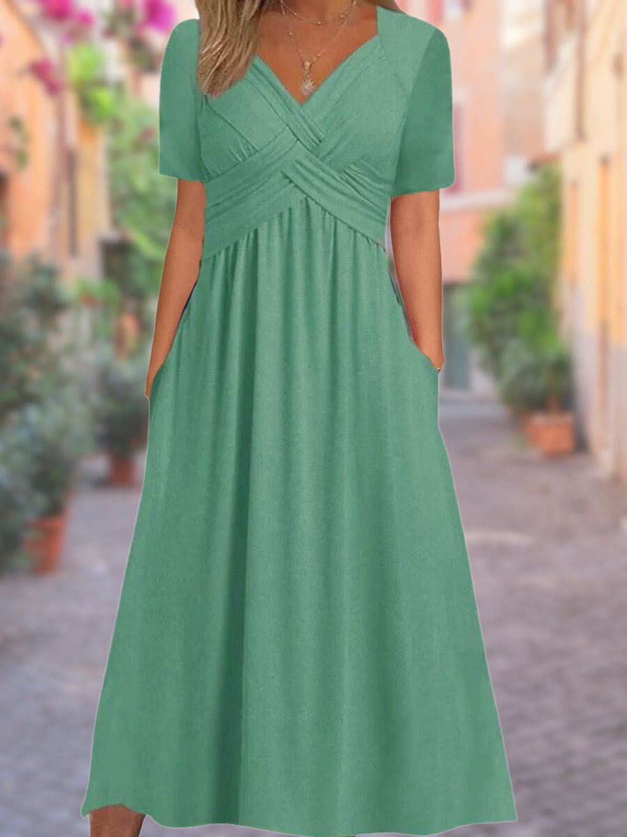 Women's Crossover V-Neck Empire-Waist Fall Midi Dress Pockets