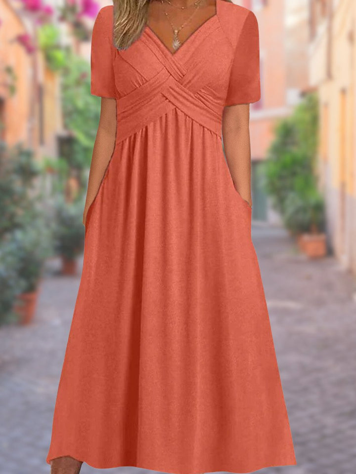 Women's Crossover V-Neck Empire-Waist Fall Midi Dress Pockets