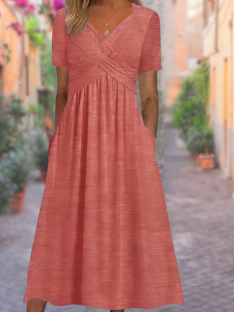 Women's Crossover V-Neck Empire-Waist Fall Midi Dress Pockets