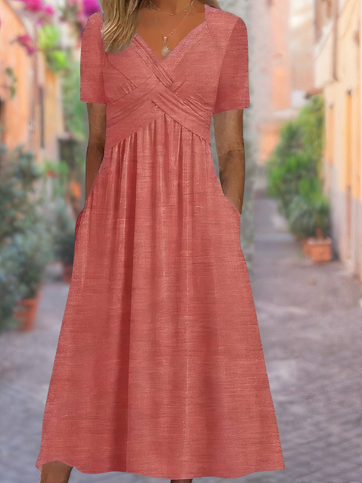Women's Crossover V-Neck Empire-Waist Fall Midi Dress Pockets