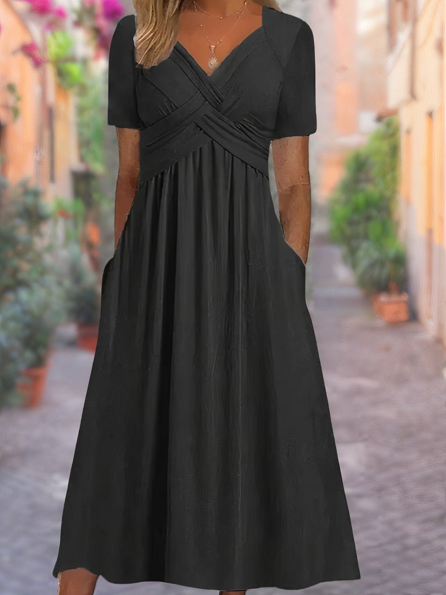 Women's Crossover V-Neck Empire-Waist Fall Midi Dress Pockets