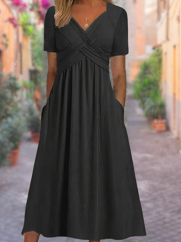 Women's Crossover V-Neck Empire-Waist Fall Midi Dress Pockets