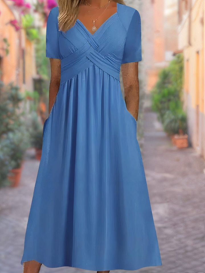Women's Crossover V-Neck Empire-Waist Fall Midi Dress Pockets