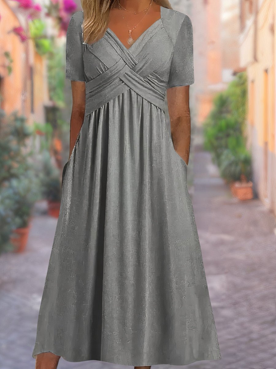 Women's Crossover V-Neck Empire-Waist Fall Midi Dress Pockets