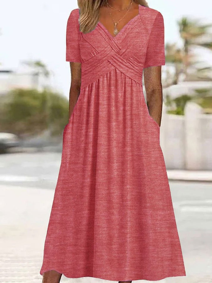 Women's Crossover V-Neck High-Waist Fall Midi Dress Pockets