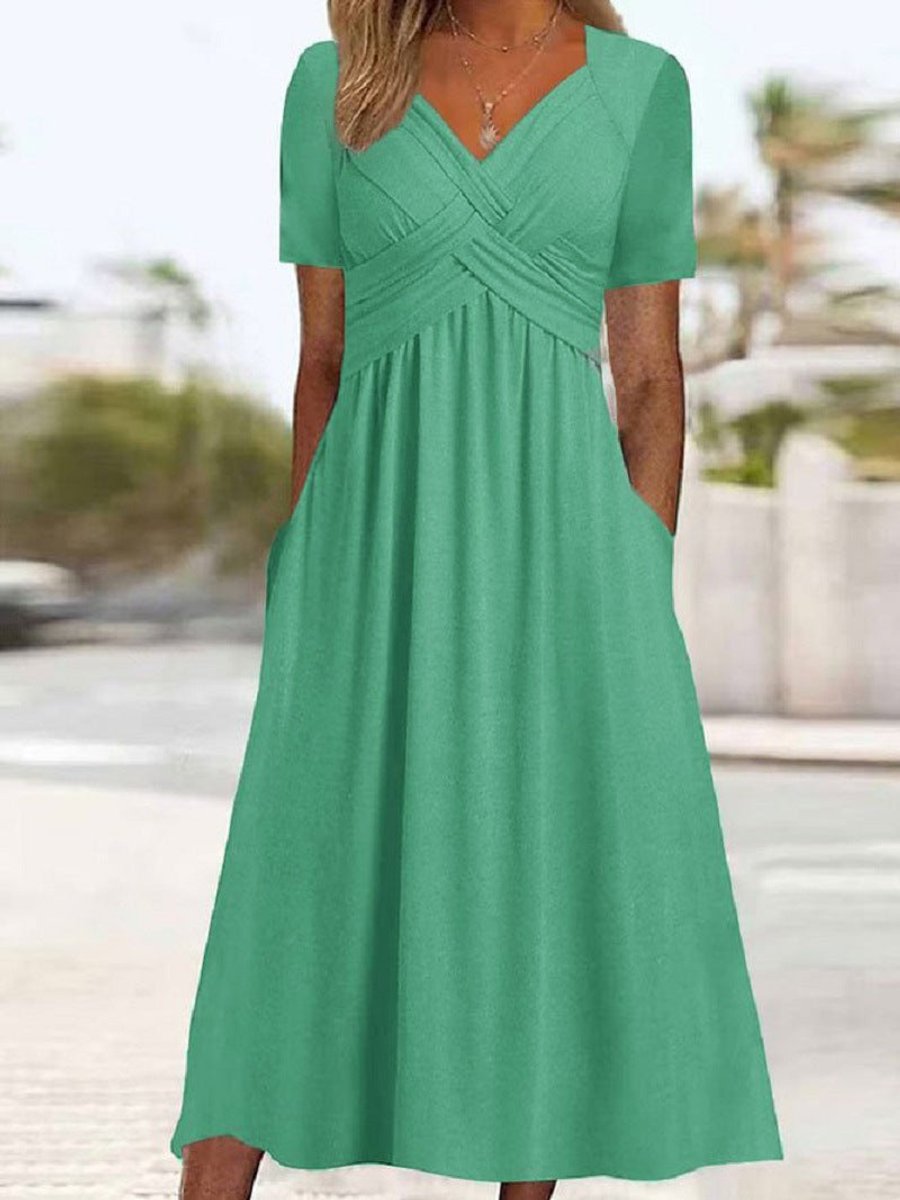 Women's Crossover V-Neck High-Waist Fall Midi Dress Pockets