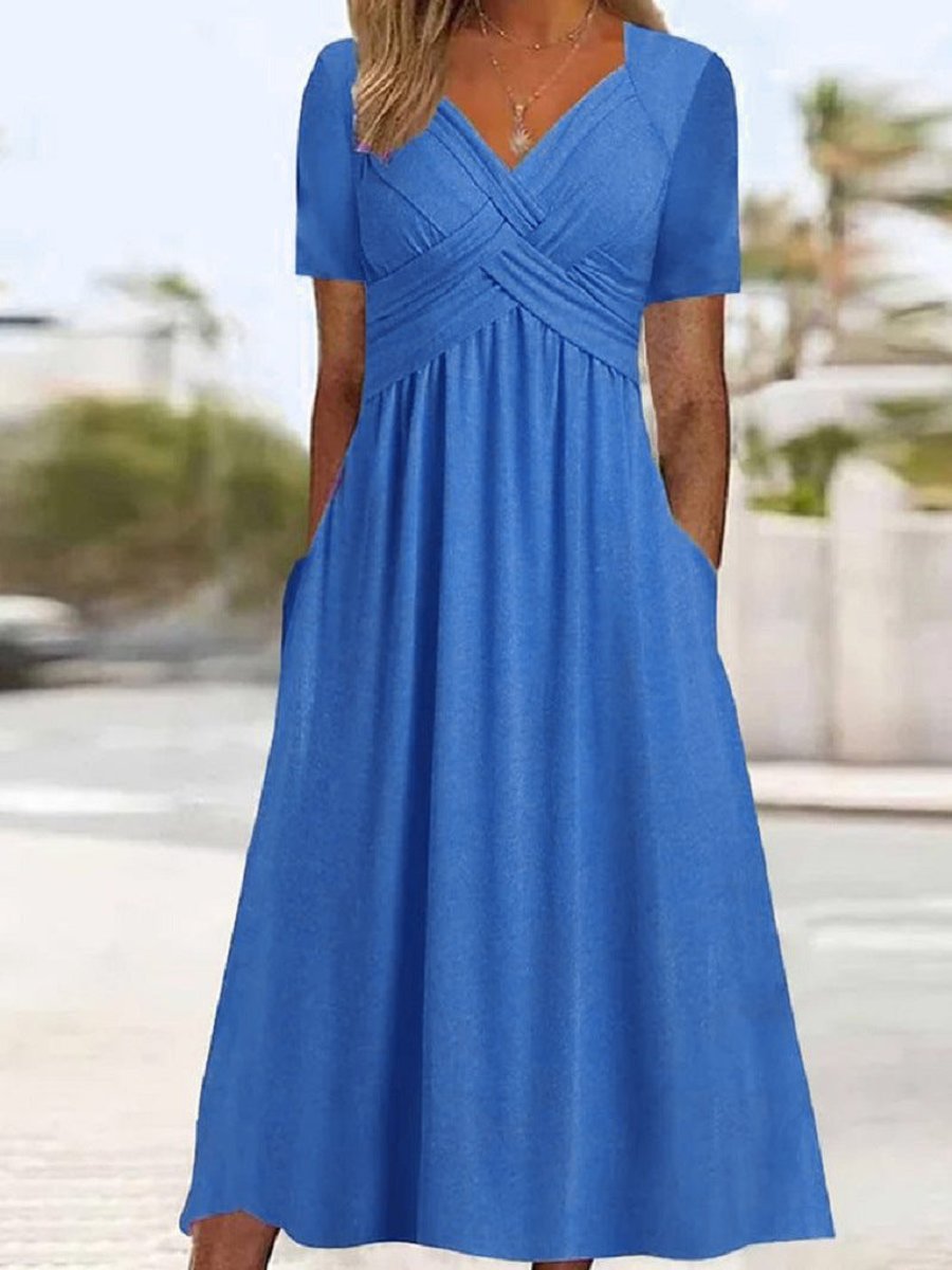 Women's Crossover V-Neck High-Waist Fall Midi Dress Pockets