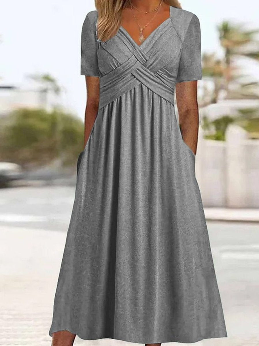 Women's Crossover V-Neck High-Waist Fall Midi Dress Pockets