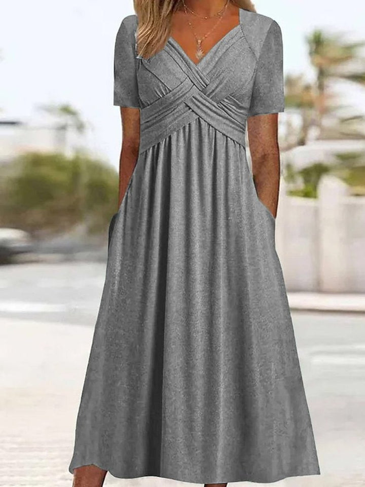 Women's Crossover V-Neck High-Waist Fall Midi Dress Pockets