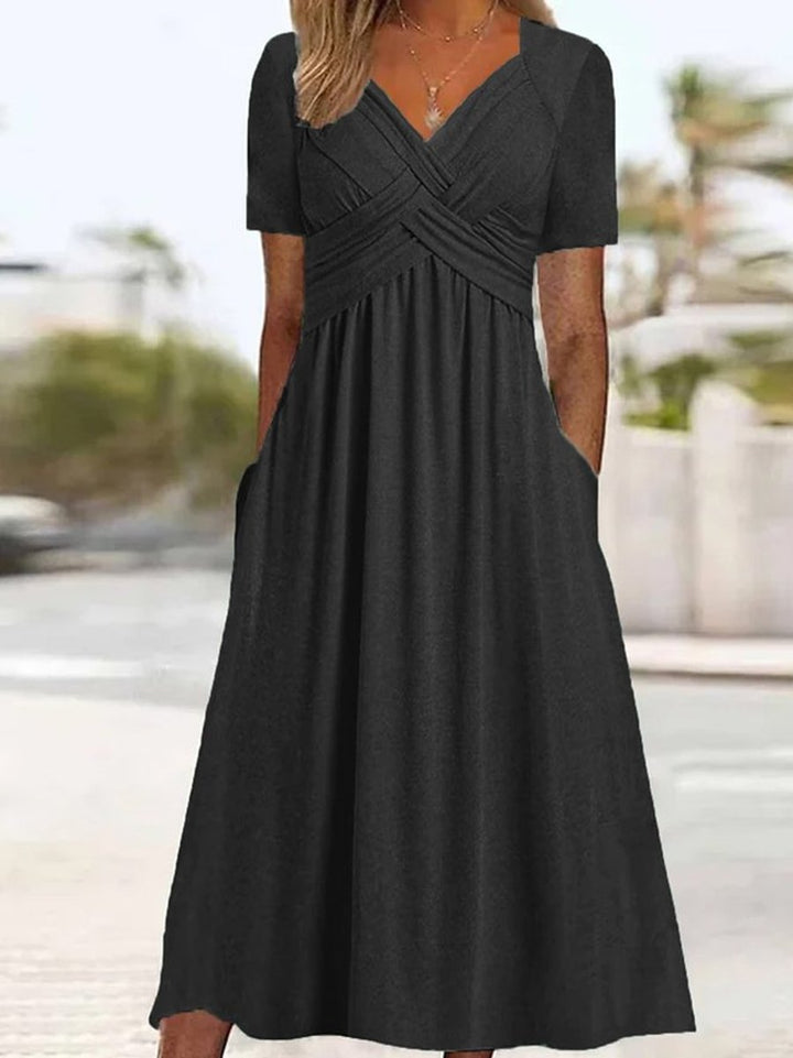 Women's Crossover V-Neck High-Waist Fall Midi Dress Pockets
