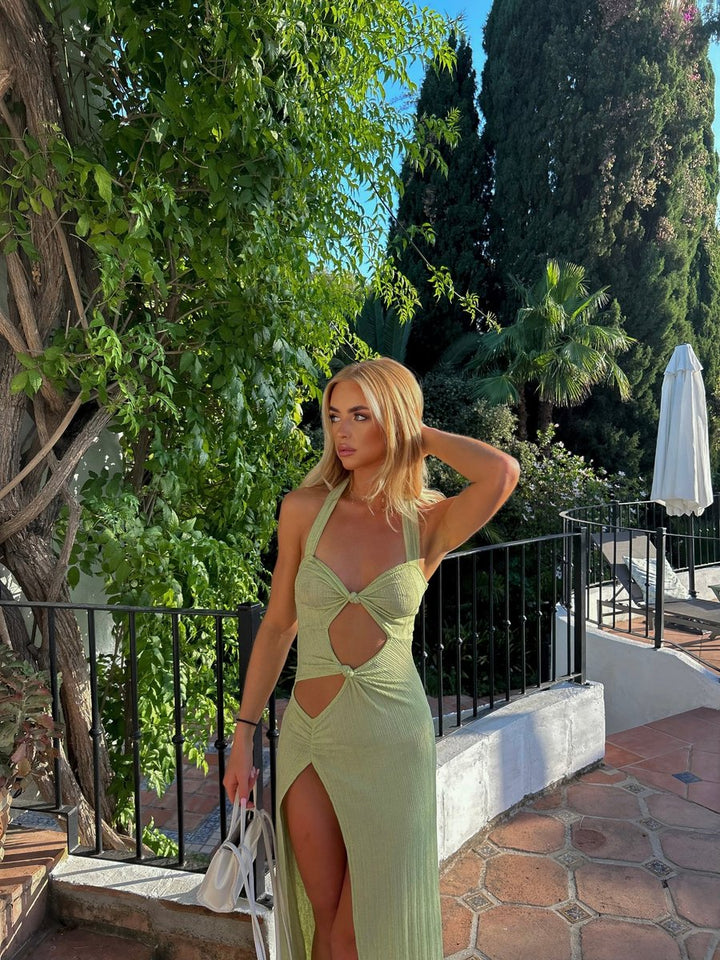 Women's Cut-Out Halter Fall Midi Dress High-Slit