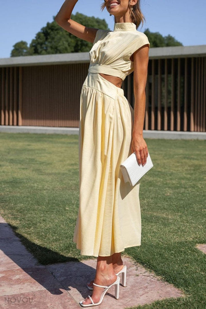 Women's Cutout Fall Midi Dress Mock Neck Cap Sleeve Flowy Skirt