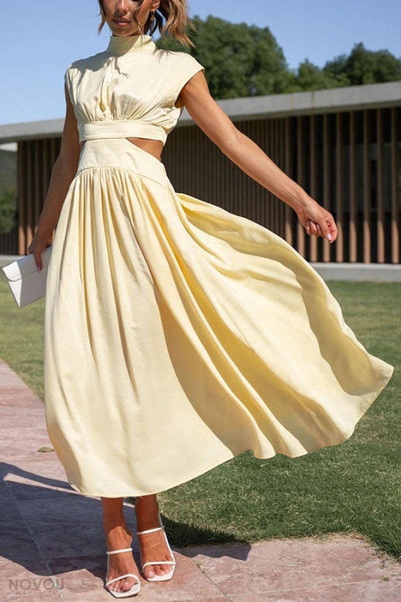 Women's Cutout Fall Midi Dress Mock Neck Cap Sleeve Flowy Skirt