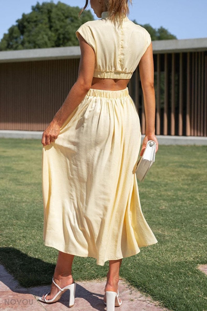 Women's Cutout Fall Midi Dress Mock Neck Cap Sleeve Flowy Skirt