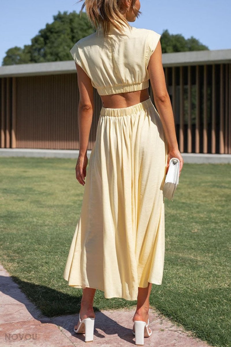 Women's Cutout Fall Midi Dress Mock Neck Cap Sleeve Flowy Skirt