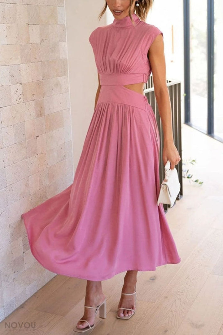 Women's Cutout Fall Midi Dress Mock Neck Cap Sleeve Flowy Skirt