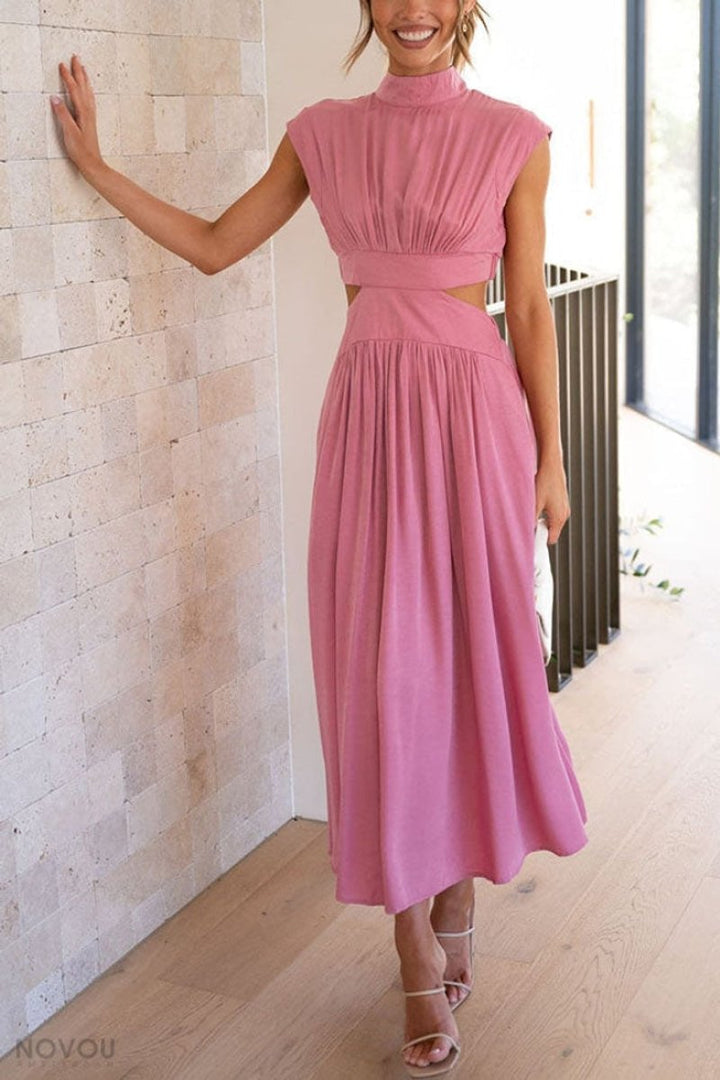 Women's Cutout Fall Midi Dress Mock Neck Cap Sleeve Flowy Skirt