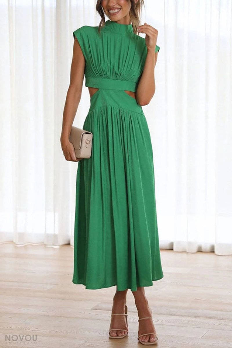 Women's Cutout Fall Midi Dress Mock Neck Cap Sleeve Flowy Skirt