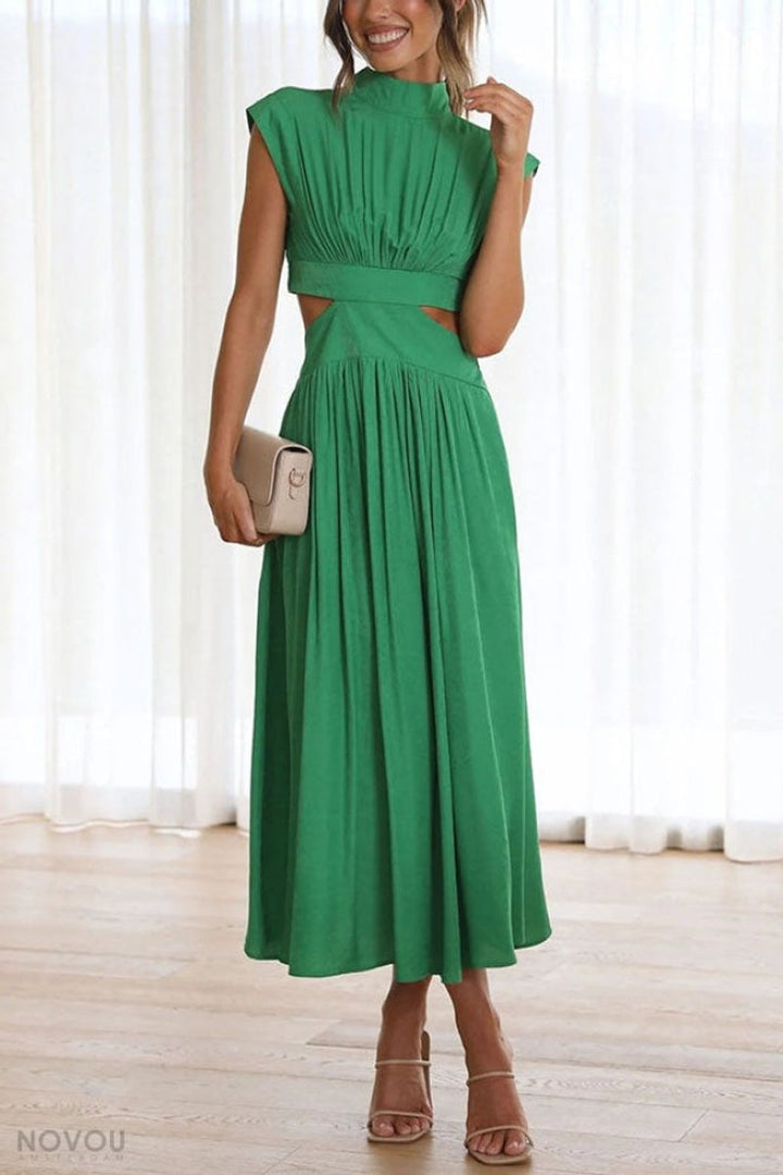 Women's Cutout Fall Midi Dress Mock Neck Cap Sleeve Flowy Skirt