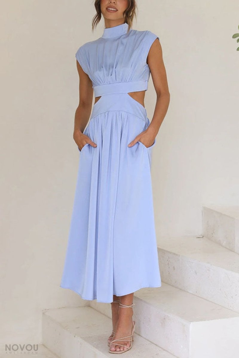Women's Cutout Fall Midi Dress Mock Neck Cap Sleeve Flowy Skirt