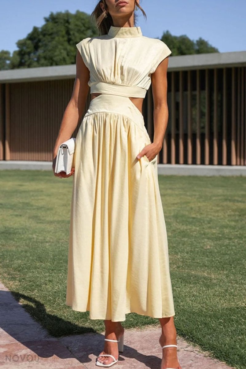 Women's Cutout Fall Midi Dress Mock Neck Cap Sleeve Flowy Skirt