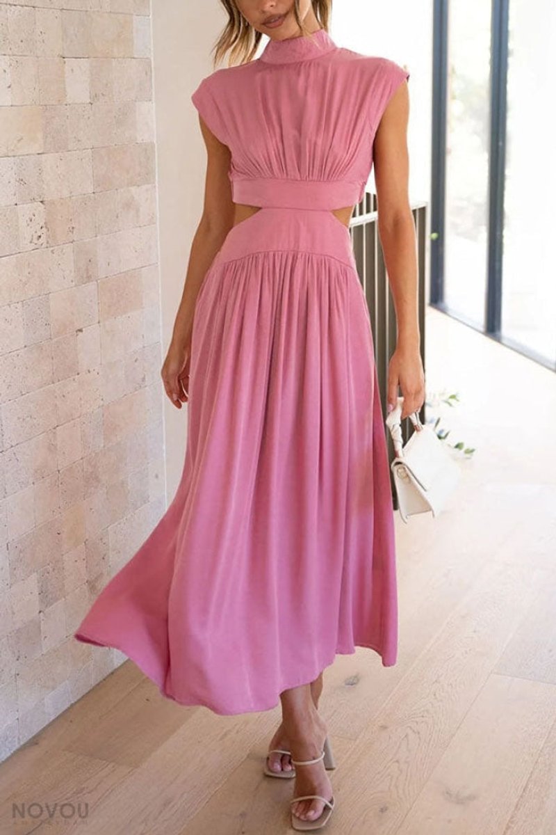 Women's Cutout Fall Midi Dress Mock Neck Cap Sleeve Flowy Skirt
