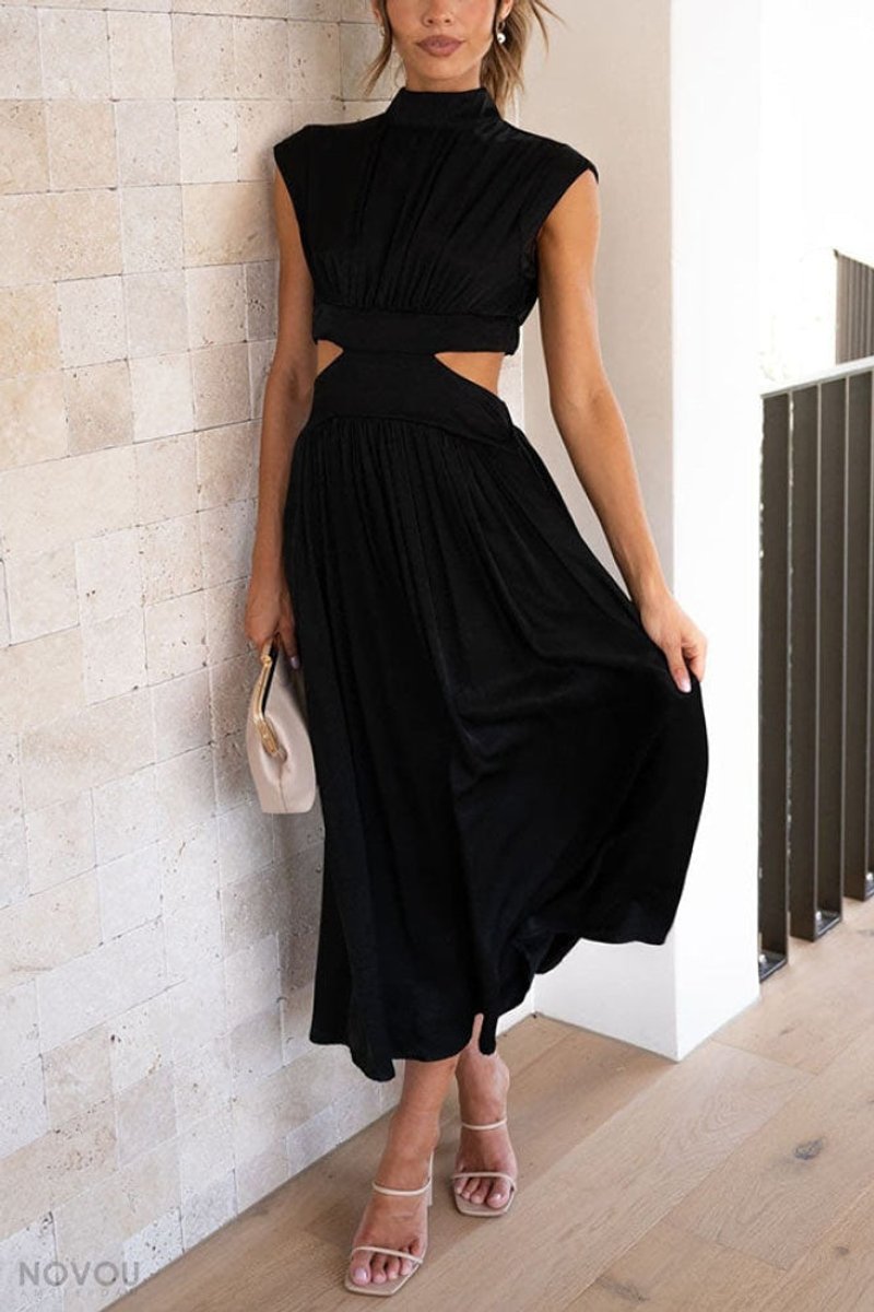 Women's Cutout Fall Midi Dress Mock Neck Cap Sleeve Flowy Skirt