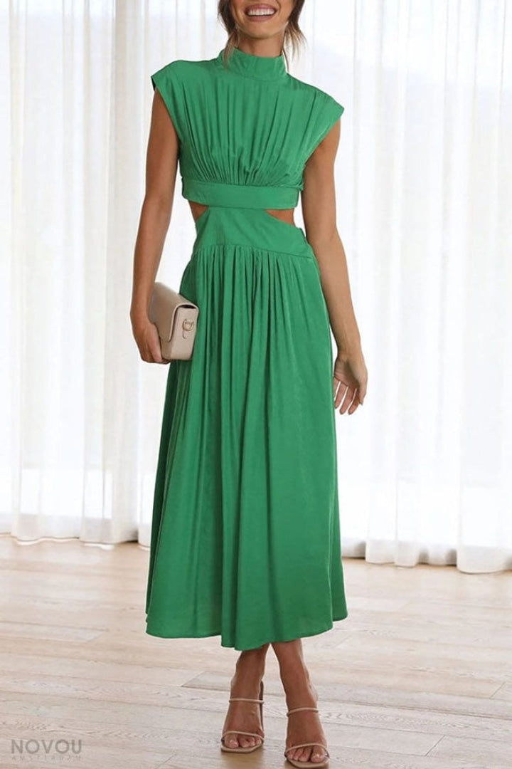 Women's Cutout Fall Midi Dress Mock Neck Cap Sleeve Flowy Skirt